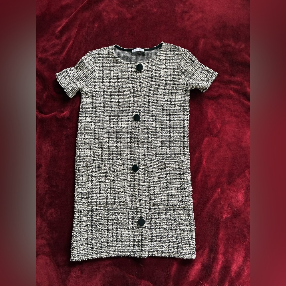 ZARA Tweed Dress Black White Button Front Mini Old Money Style